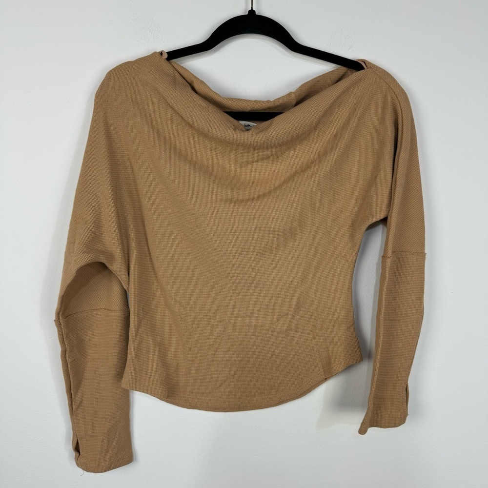 Free People We The Free Brown Camel Waffle Knit Off The shoulder Long Sleeve Top